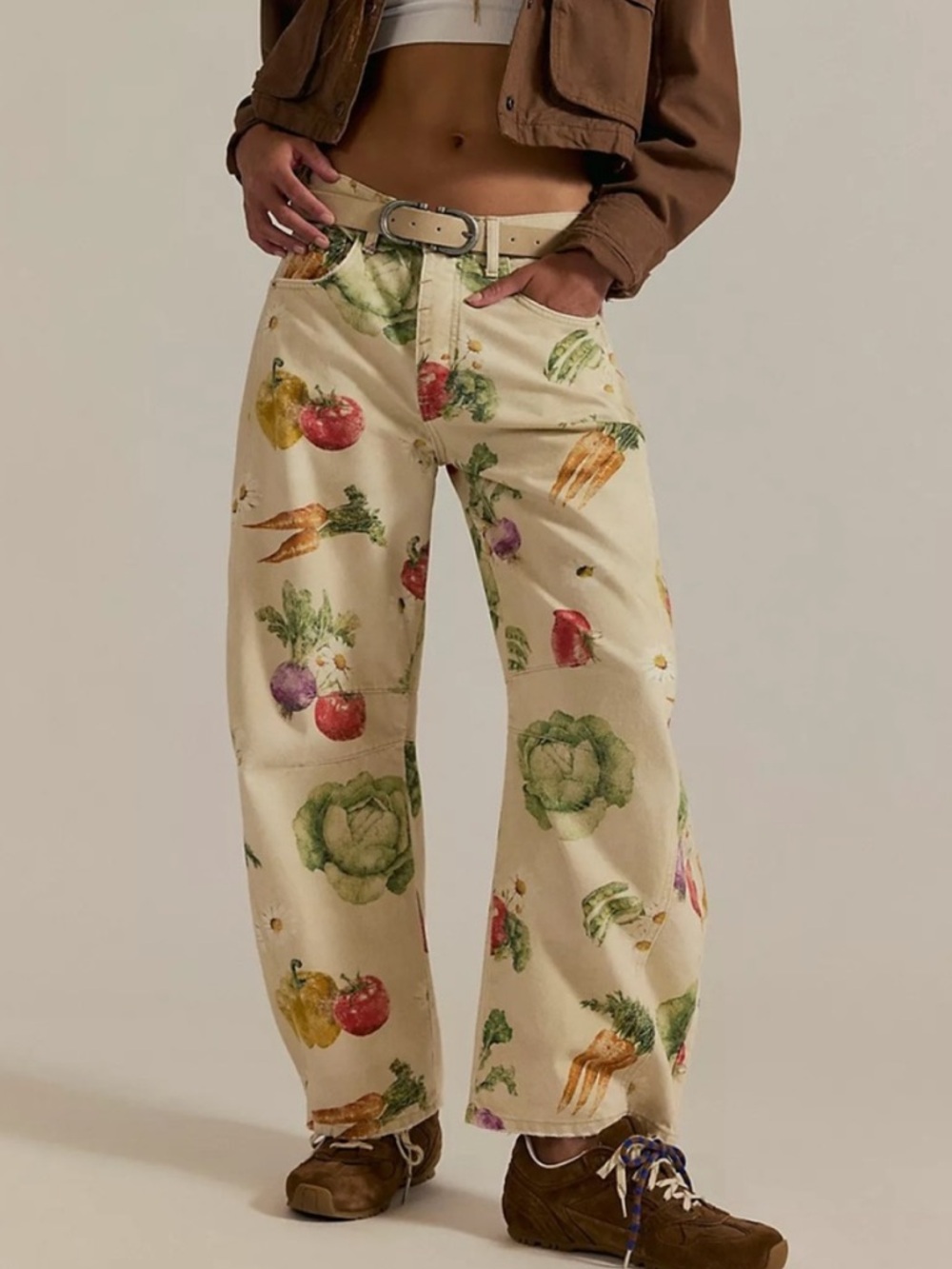 FREE PEOPLE WE THE FREE Good Luck Printed Barrel Jeans Garden Veggies